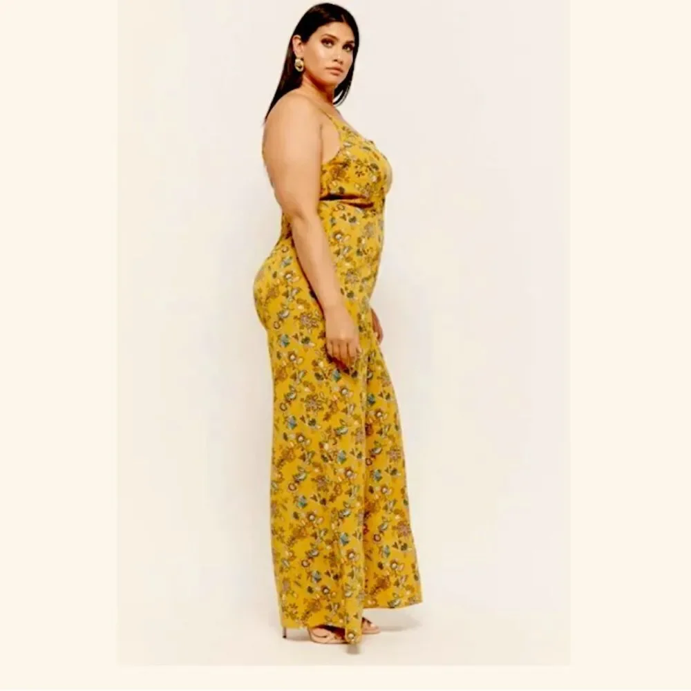 Forever 21 Womens Harvest Yellow Floral Wide Leg Jumpsuit Boho Cottagecore 3X - Picture 11 of 12